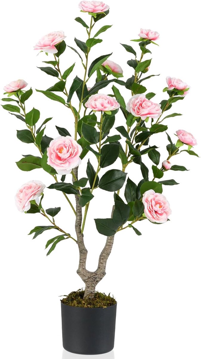 KOMFOTTEU 90 cm kunstboom met 16 bloemen, kunstplant, kunstplant, cameliaboom, kamerplant decoratie in cementpot, decoratieve plant, groene plant met 116 bladeren, kunstbloem, binnendecoratie