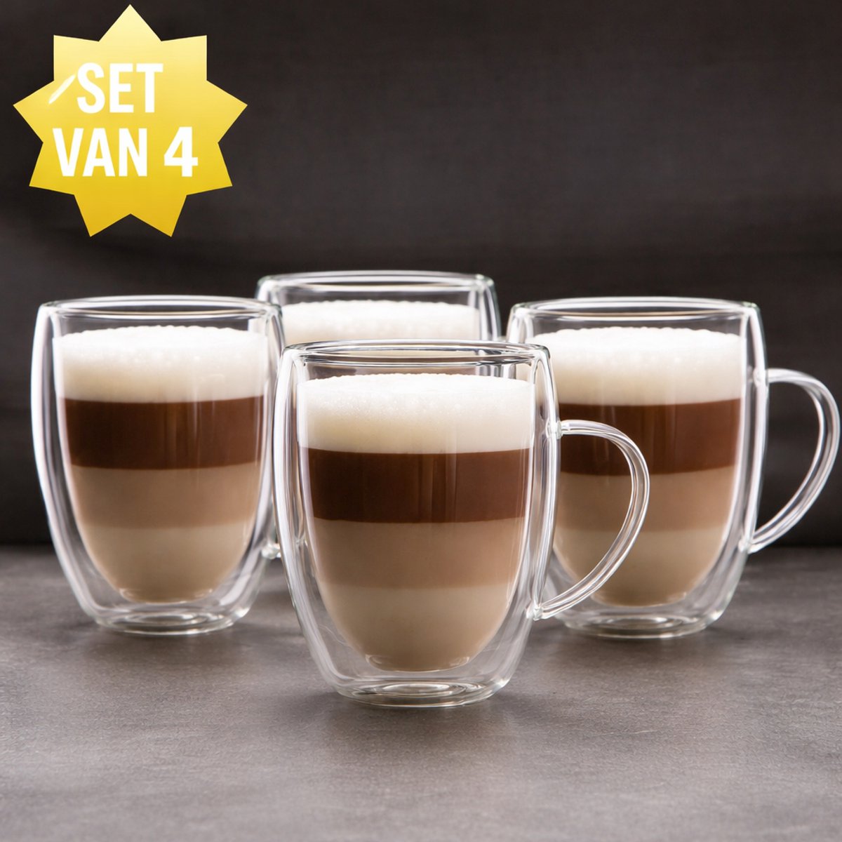 Glozini - 4 stuks dubbelwandige glazen met oor - geschikt voor verschillende soorten koffie - Latte macchiato, cappuccino, espresso 350 ml