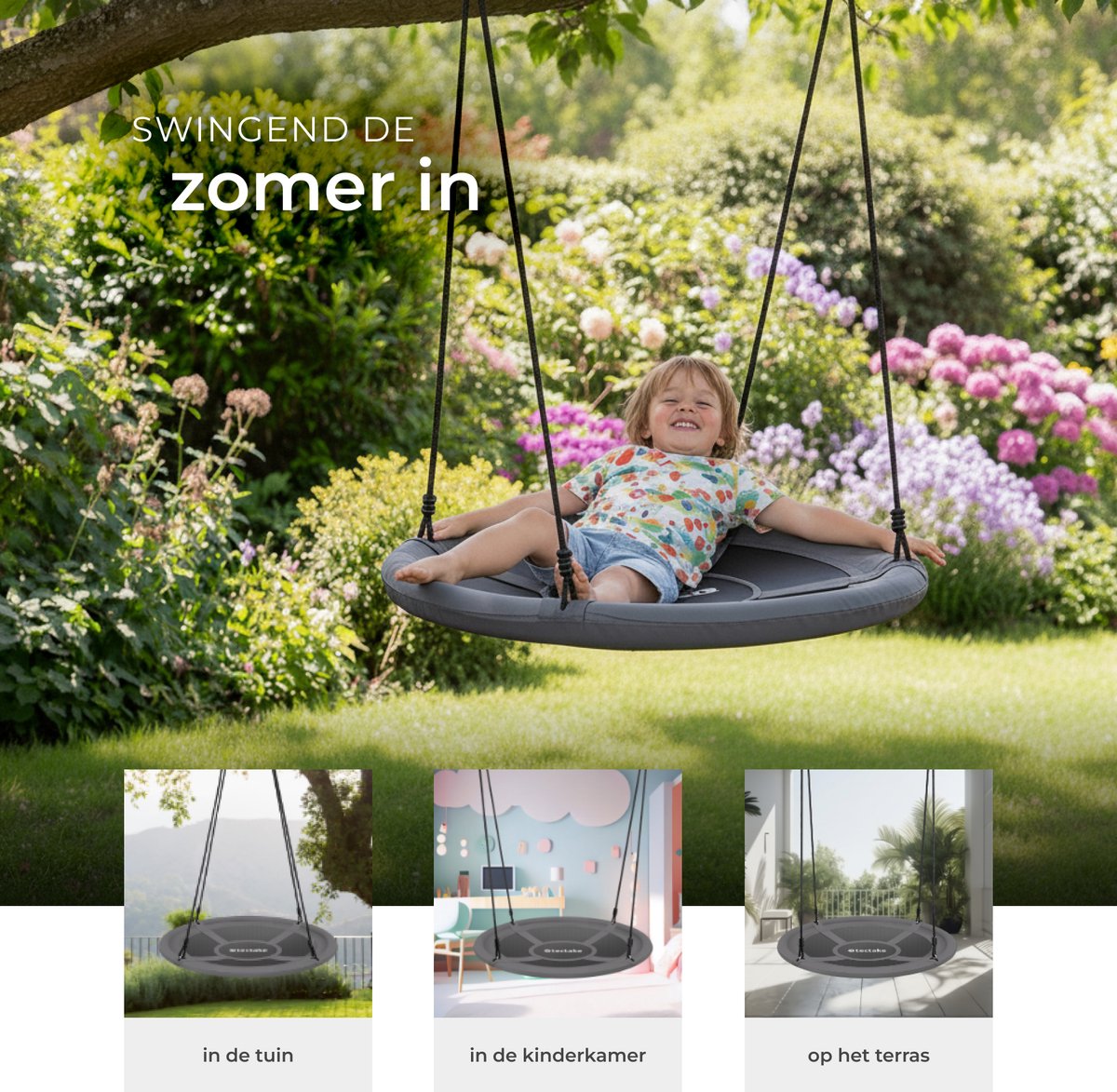 tectake® Nestschommel - Mandschommel - Draagvermogen van max. 120 kg - Schommel voor kinderen en volwassenen - Tuinschommel voor buiten of hangstoel voor binnen - Speelgoed voor in de tuin of kinderkamer - Ø 100 cm — afbeelding 3