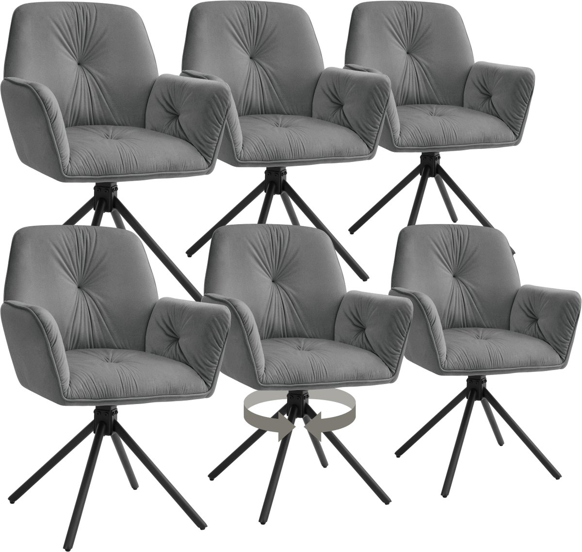 Tectake Draaifauteuil Lenia - Set van 6 Draaifauteuils met Armleuning - Draaibare Eetkamerstoel - Draaibare Fauteuils - Gestoffeerd - Fluweellook Antraciet/Zwart