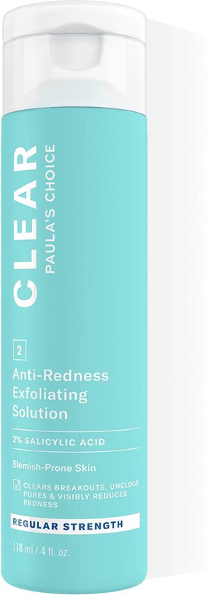 Turquoise fles Paula's Choice CLEAR Anti-Redness Exfoliating Solution, 2% Salicylzuur, Regular Strength, 118 ml.