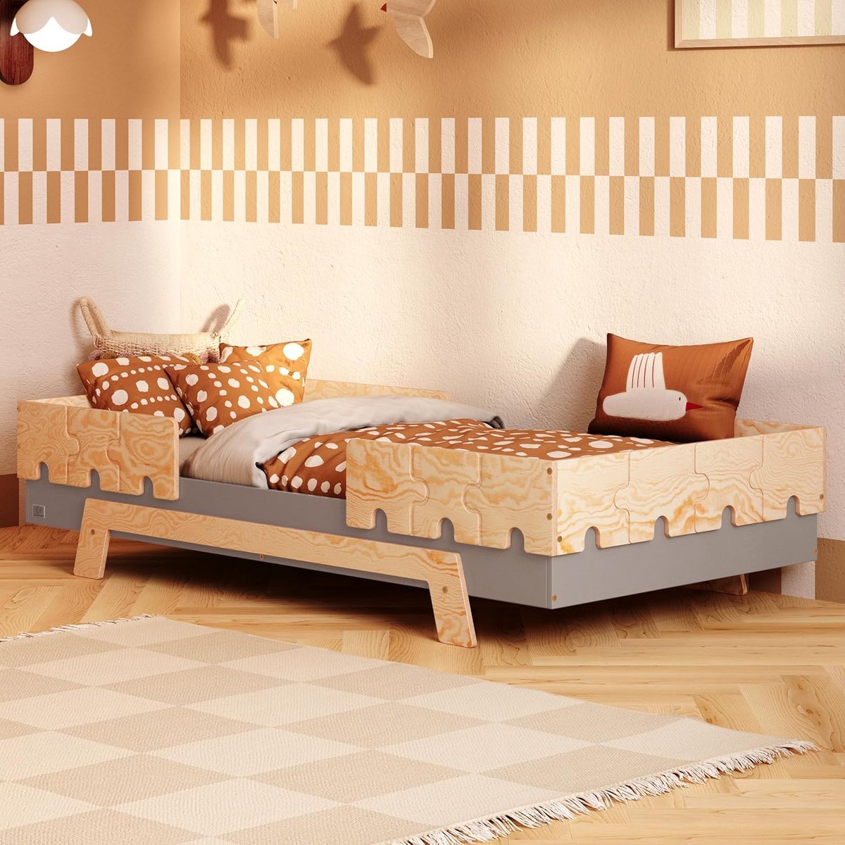 Montessori Kinderbed met Lattenbodem en Valbeveiliging Grijs 90x200 cm