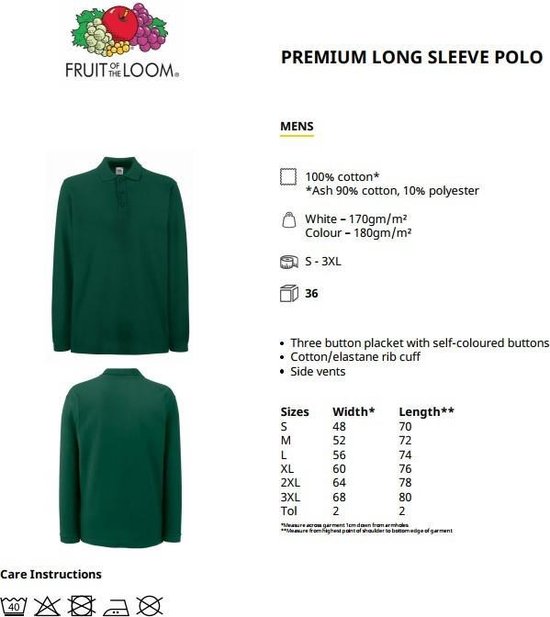 Donkergroen Fruit of the Loom poloshirt met lange mouwen. Twee afbeeldingen: voorkant en achterkant.