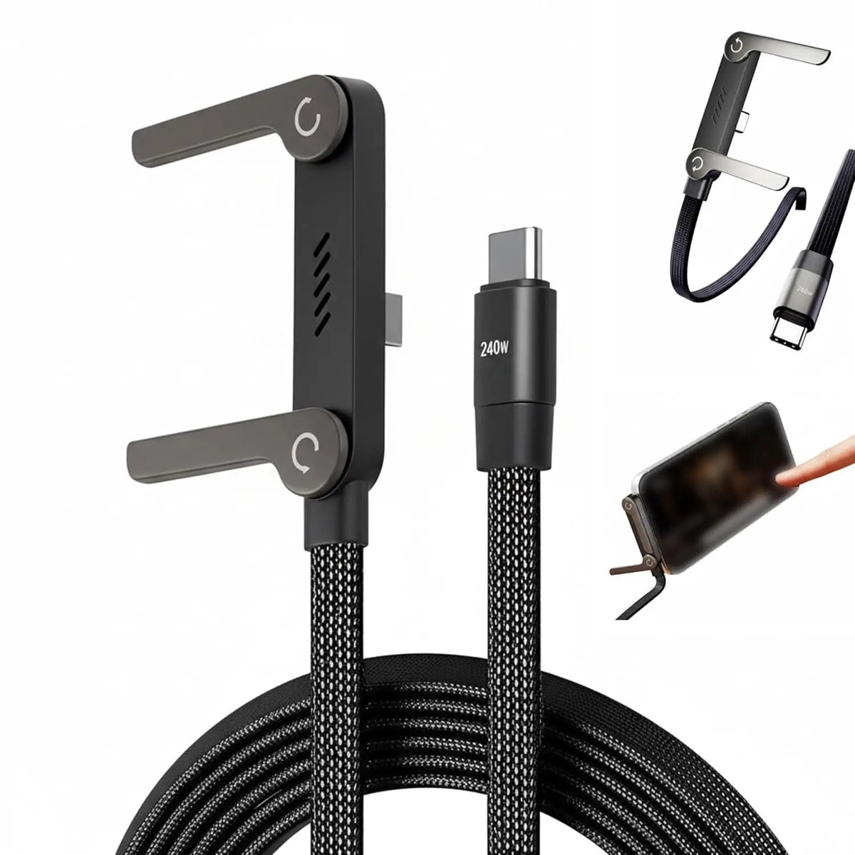 Xcruiser USB-C kabel met ingebouwde telefoonhouder/standaard – ideaal om je telefoon neer te zetten tijdens het opladen (240W PD 3.1).