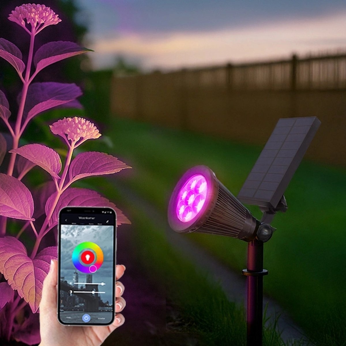 Solar prikspot buiten 'Highlight' - Slimme RGB-verlichting - Bedienbaar via Smart Life-app en Bluetooth - Met schemersensor - IP44 - 80 lumen - Met grondspies - Zwart - Tuinverlichting op zonne-energie