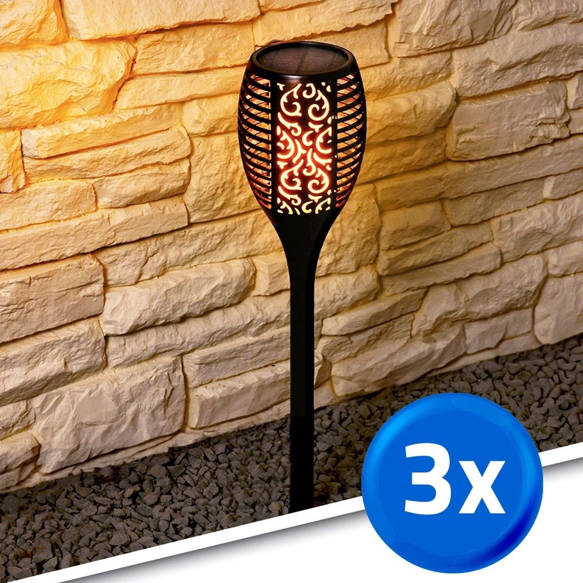 Solar buitenlamp 'Fakkel' - Set van 3 stuks - 3-in-1: wandlamp, tafellamp en priklamp - Met schemersensor - IP65 - 100 lumen - Warm wit licht (1900K) - Bewegend vlameffect - Zwart - Tuinverlichting op zonne-energie