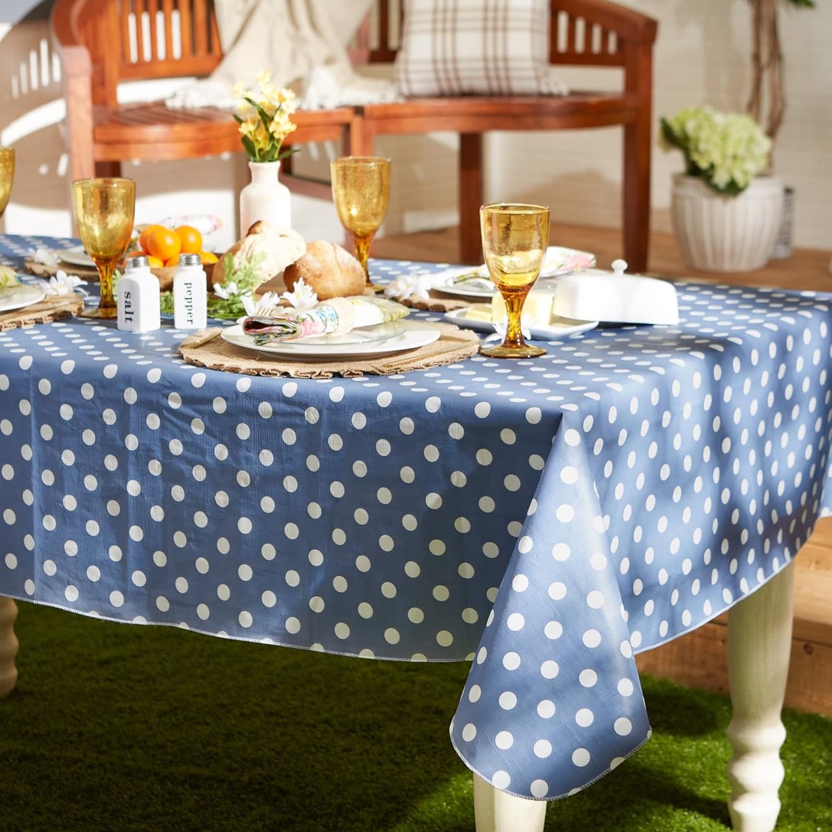 Witte Tafelkleed Rechthoekig met Stippen - Vinyl & Flanel Binnen/Buiten Gebruik