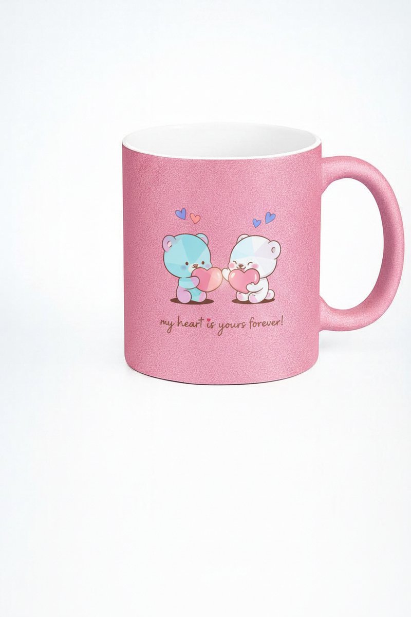 Romantische Roze Glitter Mok met Lieve Beren & 'My Heart is Yours Forever' - Cadeau