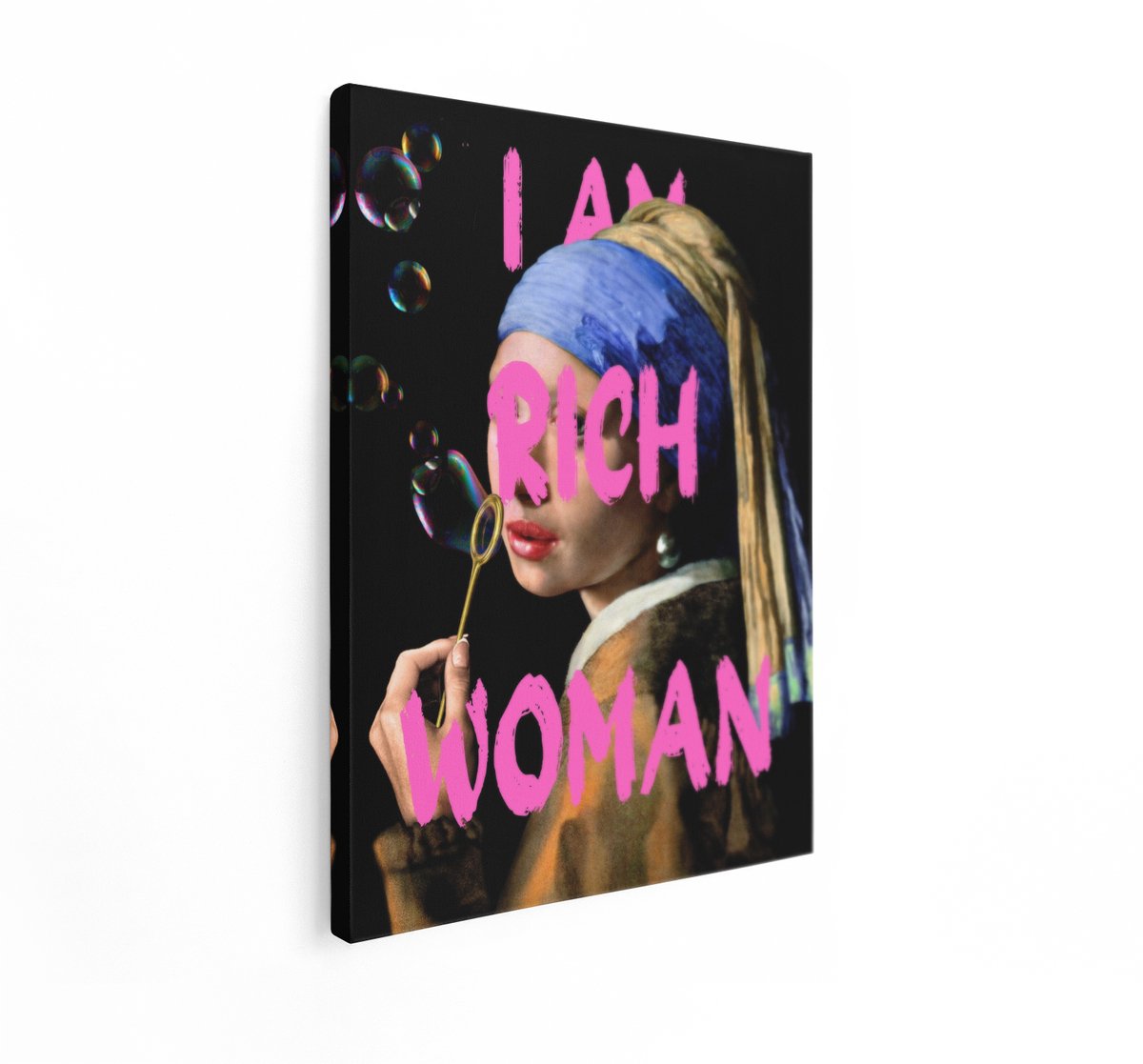 Artaza Canvas Schilderij Meisje Met De Parel - 60x80 cm - Wanddecoratie Pop Art - Muurdecoratie Modern Roze - Decoratie Schilderij Met Tekst