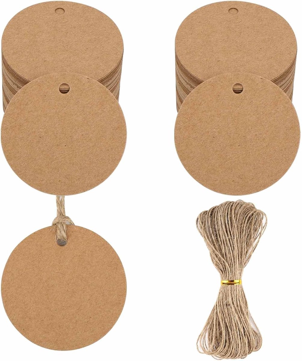 Imperatoris - Cadeau Tags - Labels - Kado Etiketten - Kraftpapier - bruin - Karton aan touwtjes - 200 stuks kraftpapieren labels - Rond 5 cm - met jutetouw van 20 meter lang