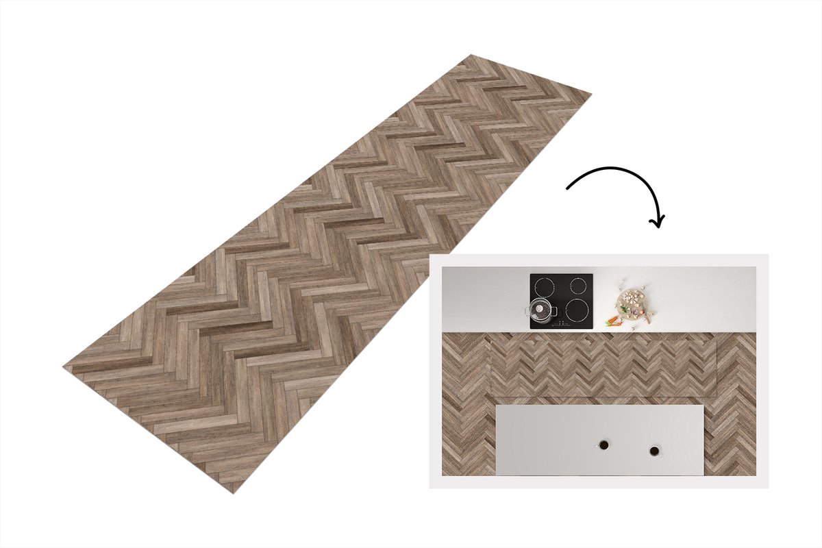 KitchenYeah Keukenloper 240x60 cm - Keukenmat vinyl Patronen - Hout - Bruin - Keukenmatten loper - Keuken vloerkleed tapijt Visgraat