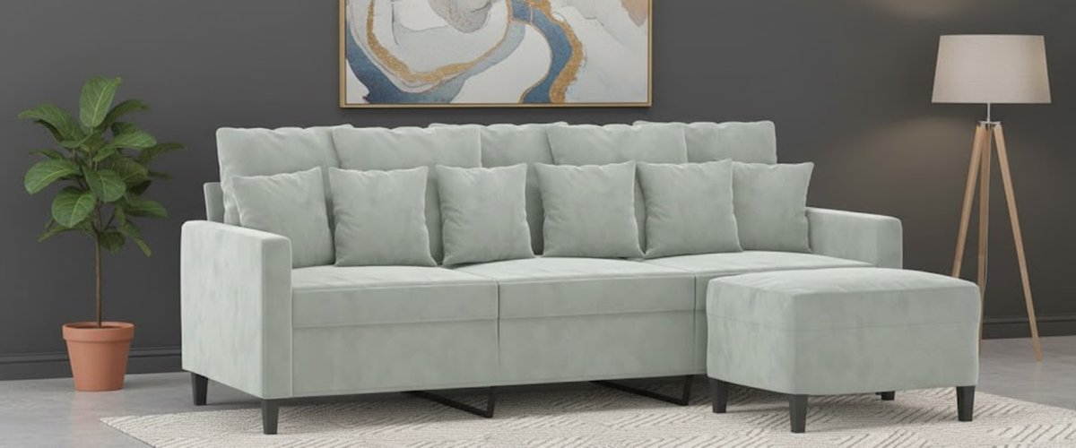Luxe 3-Zits Fluwelen Bank Met Voetenbank – Modern Design, Comfortabele Loungebank Voor Woonkamer, Lichtgrijs UrbanHome
