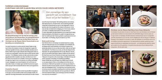 Boek met foto van de KLAUW REAL MOON JOUR GREEN METEORITE horloge en foto van drie personen buiten.
