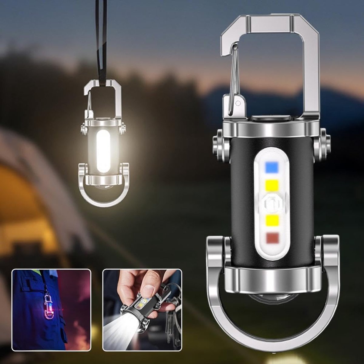 Mini Sleutelhanger Zaklamp Oplaadbaar (600mAh) - 7 Lichtstanden (Rood/Blauw) - Voor Kamperen, Hondenuitlaat, Auto & Noodgeval - EDC Werklamp - USB-C - Waterdicht — cadeau in Sport & Outdoor - foto 5
