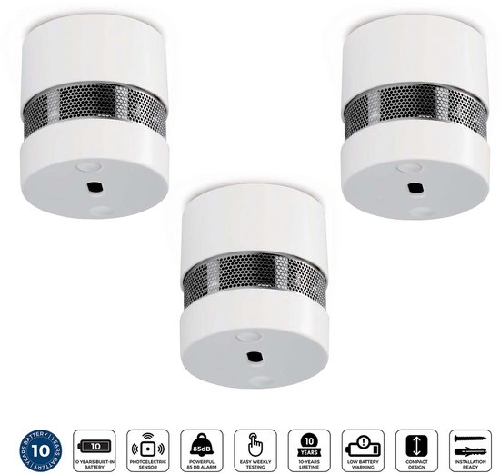 Détecteur de fumée Mini Alecto SD1020 3X - Détecteur d'incendie avec batterie pour 10 ans - Conforme à la norme européenne - 3 pièces