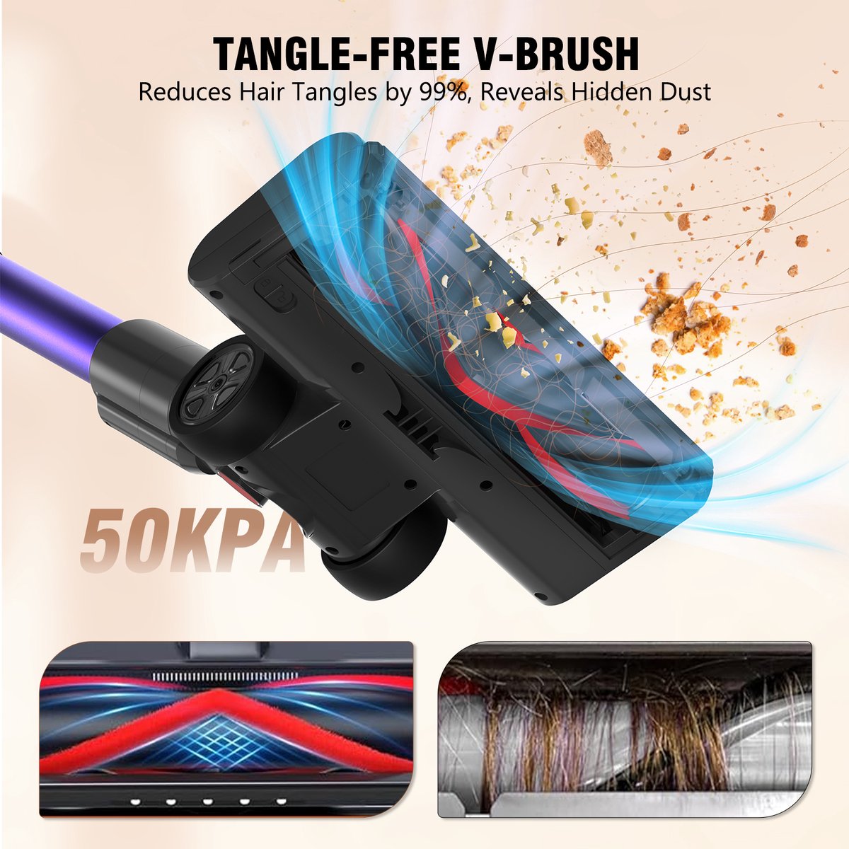 BLOSSOM Steelstofzuiger Draadloos V18 - 550W/50Kpa/60Min - Kruimeldief - Stofzuiger - Hepa - LED-Display - 3 Standen Zuigkracht - 1,5L - Voor Tapijten en Harde Vloere - Paars – foto 6