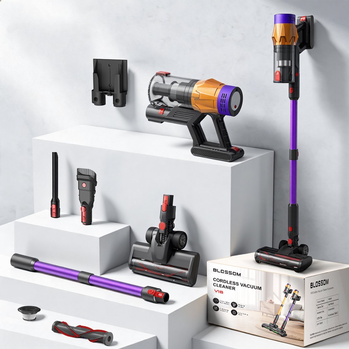 BLOSSOM Steelstofzuiger Draadloos V18 - 550W/50Kpa/60Min - Kruimeldief - Stofzuiger - Hepa - LED-Display - 3 Standen Zuigkracht - 1,5L - Voor Tapijten en Harde Vloere - Paars – foto 5
