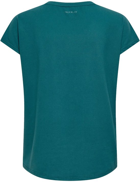 Achterkant van een donkergroen Only Play t-shirt met korte mouwen, tekst 'ONLY PLAY' op de nek.
