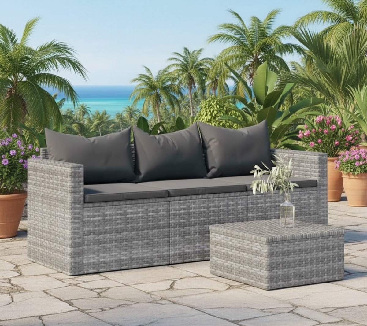 Luxe 3-Zits Tuinbank Poly Rattan met Kussens – Modulaire Loungesofa voor Tuin, Balkon & Terras – Weerbestendig & Comfortabel – Grijs House&Garden