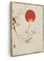 Artaza Canvas Schilderij Japans Kersenbloesem - 80x100 cm - Wanddecoratie Japandi - Muurdecoratie Rode Zon - Decoratie Bloemen Woonkamer