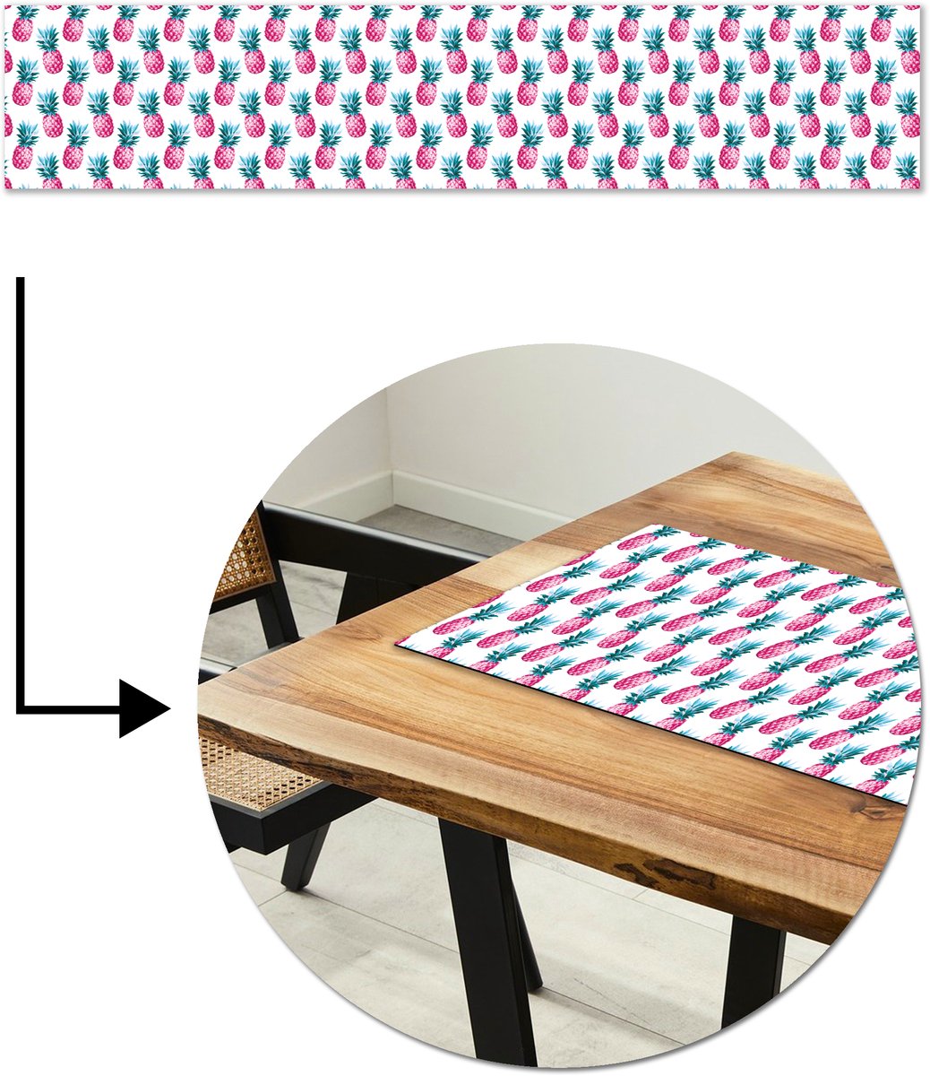 Tafelloper 200x40 cm - Tafelmat vinyl Ananas - Roze - Wit - Tafeldecoratie - Tafelversiering - Keuken decoratie - Tafel versiering