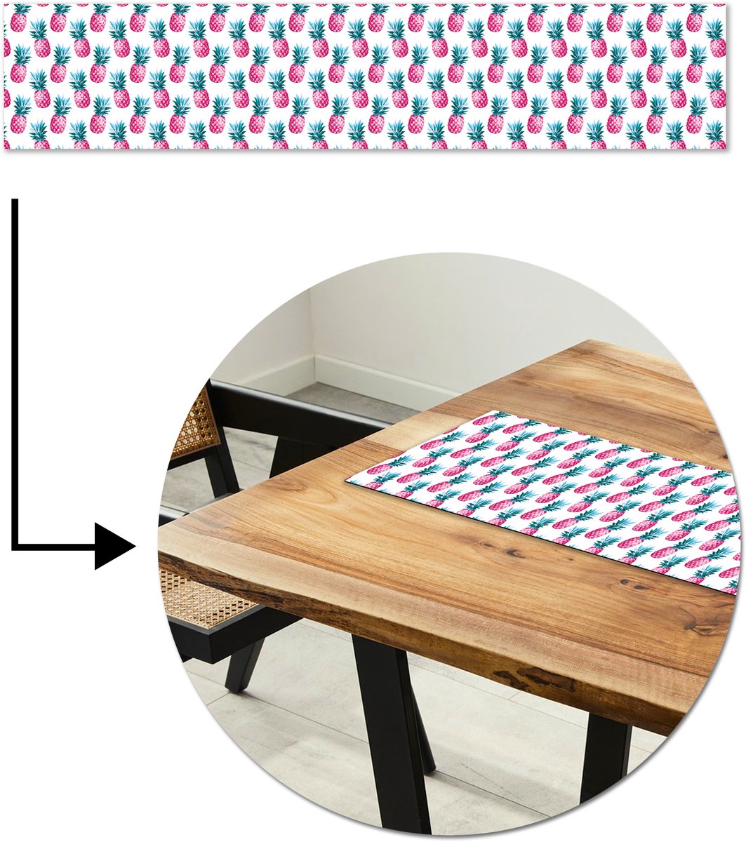 Tafelloper 150x30 cm - Tafelmat vinyl Ananas - Roze - Wit - Tafeldecoratie - Tafelversiering - Keuken decoratie - Tafel versiering