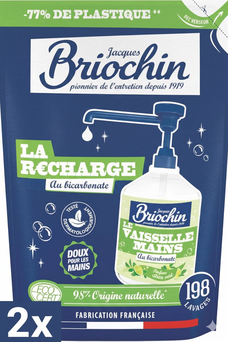 2 x Jacques Briochin Handzeep Navulling met Bicarbonaat 450 ml – Doux pour les Mains – 98% Ingrediënten van Natuurlijke Oorsprong