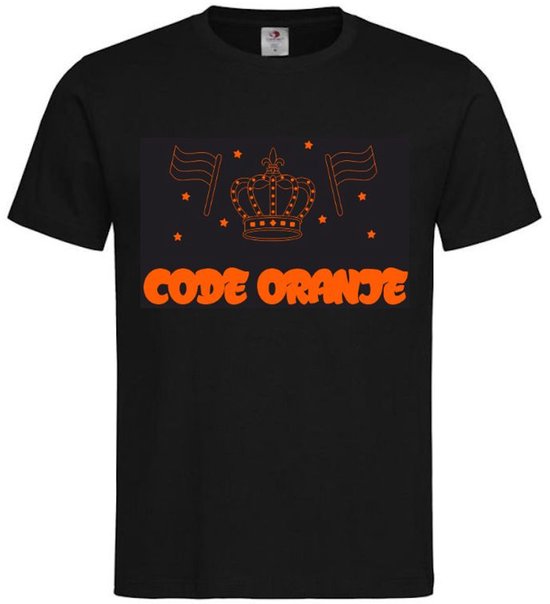 T-shirt Kinderen "CODE ORANJE" Op Voorkant EK Voetbal Europees Kampioen Kampioenschap Oranje Koning Koningsdag | korte mouw | Zwart/oranje | maat 158/164