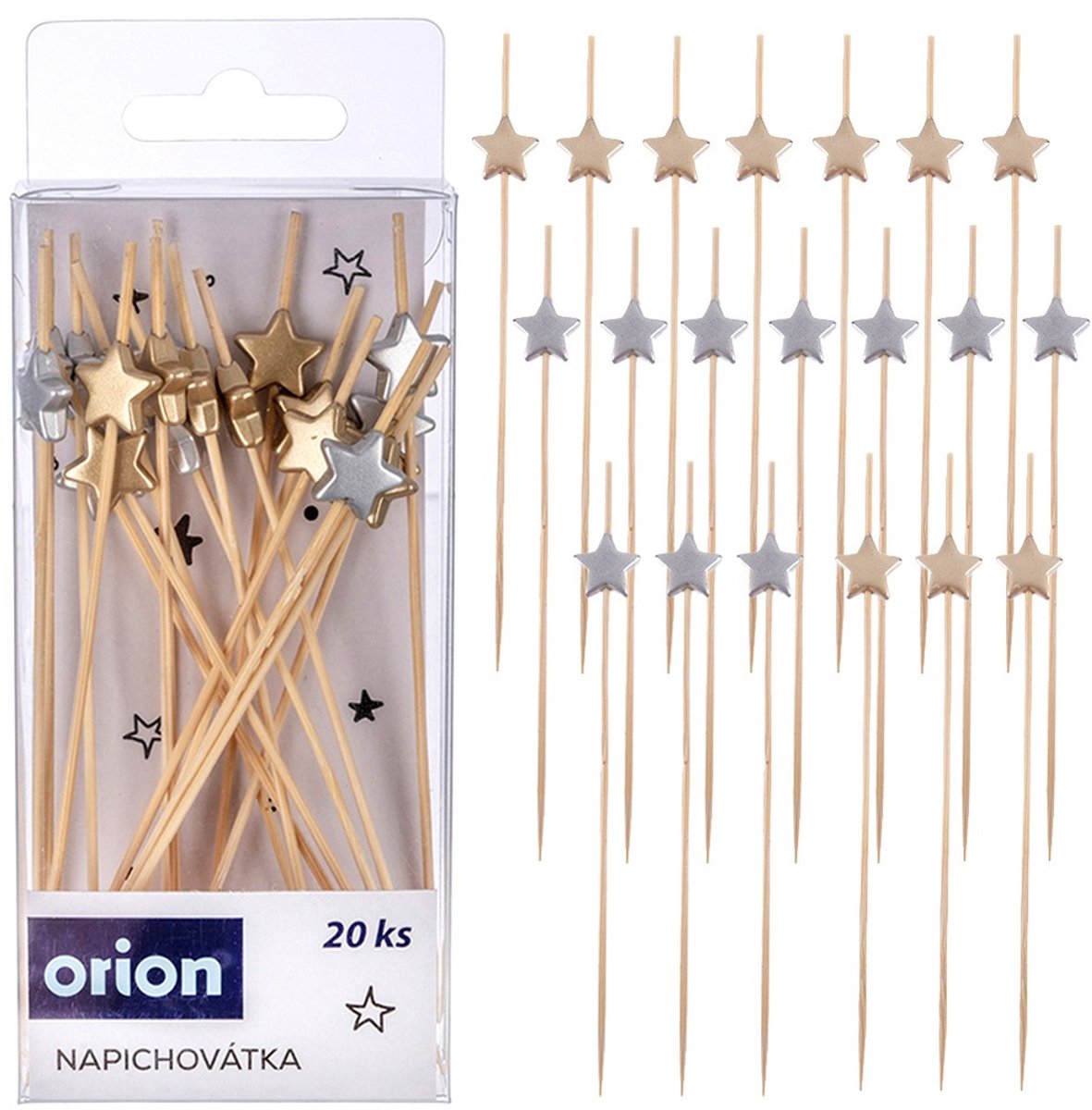 Orion - Cocktailprikkers Set - Bamboe - Sterren Goud & Zilver - 20 stuks - 12 cm