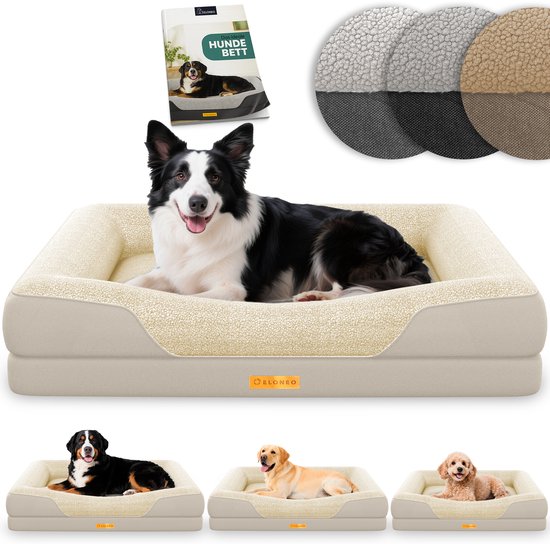 ELONEO orthopedisch hondenbed in crème met een border collie, bernersennenhond, labrador en poedel.