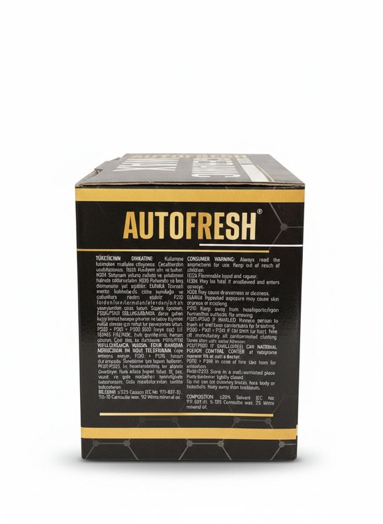 Autofresh keramische wax productinformatie met waarschuwingen in meerdere talen.