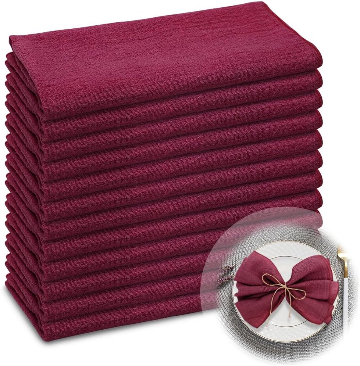 Set van 12 Katoenen Stoffen Servetten Wit/Bordeauxrood 42x42 cm - Tafeldecoratie Rustiek