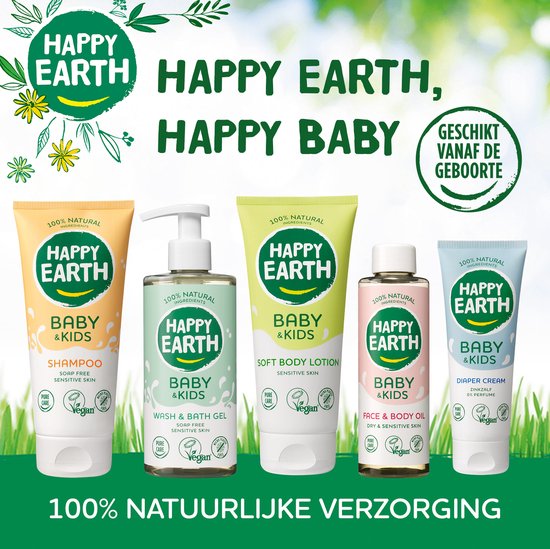 Happy Earth baby shampoo, wash & bath gel, soft body lotion, face & body oil en luiercrème.