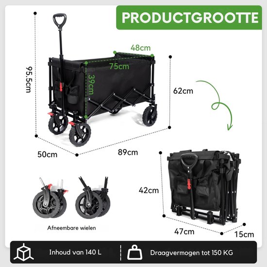 mavoa® Bolderkar - Bolderkar opvouwbaar luchtbanden - Bolderkar kinderenvervoer - 140L 150KG van mavoa — afbeelding 5