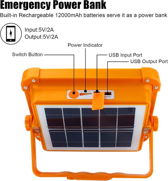 Draagbare LED-kampeerlamp op zonne-energie met standaard, 100W 2400mAh oplaadbare batterij met 4 standen, draadloze LED-schijnwerper voor werk, noodstroomvoorziening en autoreparatie — afbeelding 4