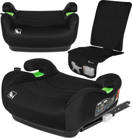 Lionelo Luuk FIX i-Size - Zitverhoger + Beschermmat voor autostoel- ISOFIX - Autostoel Booster - 22-36 kg, 125-150 cm - Voorwaarts Gerichte Autostoel volgens i-Size R129 Norm - Brede en Comfortabele Zitting met Zacht EPE-schuim - Met Armleuningen