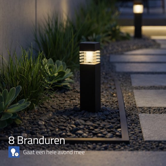 Zwarte vierkante tuinlamp met geribd, glazen kap en warm wit licht. Geplaatst in grind bij een betegeld pad.