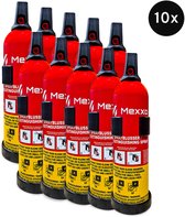 Tien rode Mexxo brandblussers met zwarte spuitmond en handvat, in een groep geplaatst. '10x' staat in een zwart rond icoon.