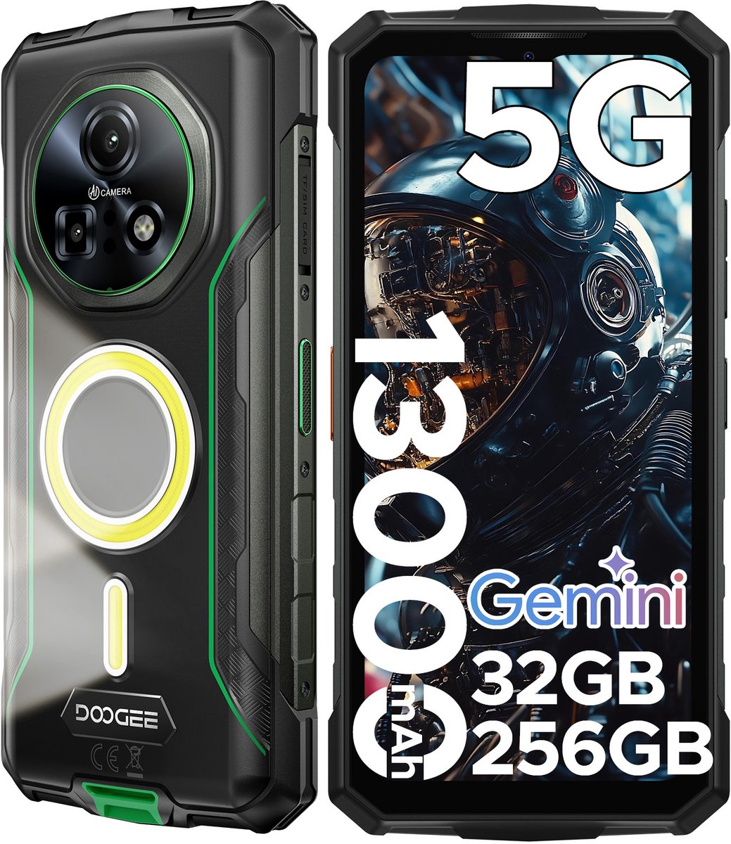 DOOGEE Fire 7 Pro 5G - Robuuste smartphone - 32GB RAM + 256GB ROM / 2TB(TF) - 13000mAh/33W - 6.6 Inth HD+IPS 90Hz - 13000mAh/33W - POC Intercom Functie - Dual Camping Lights - 64MP+20MP Nachtzicht - IP68 - Face ID - OTG - NFC - Groen