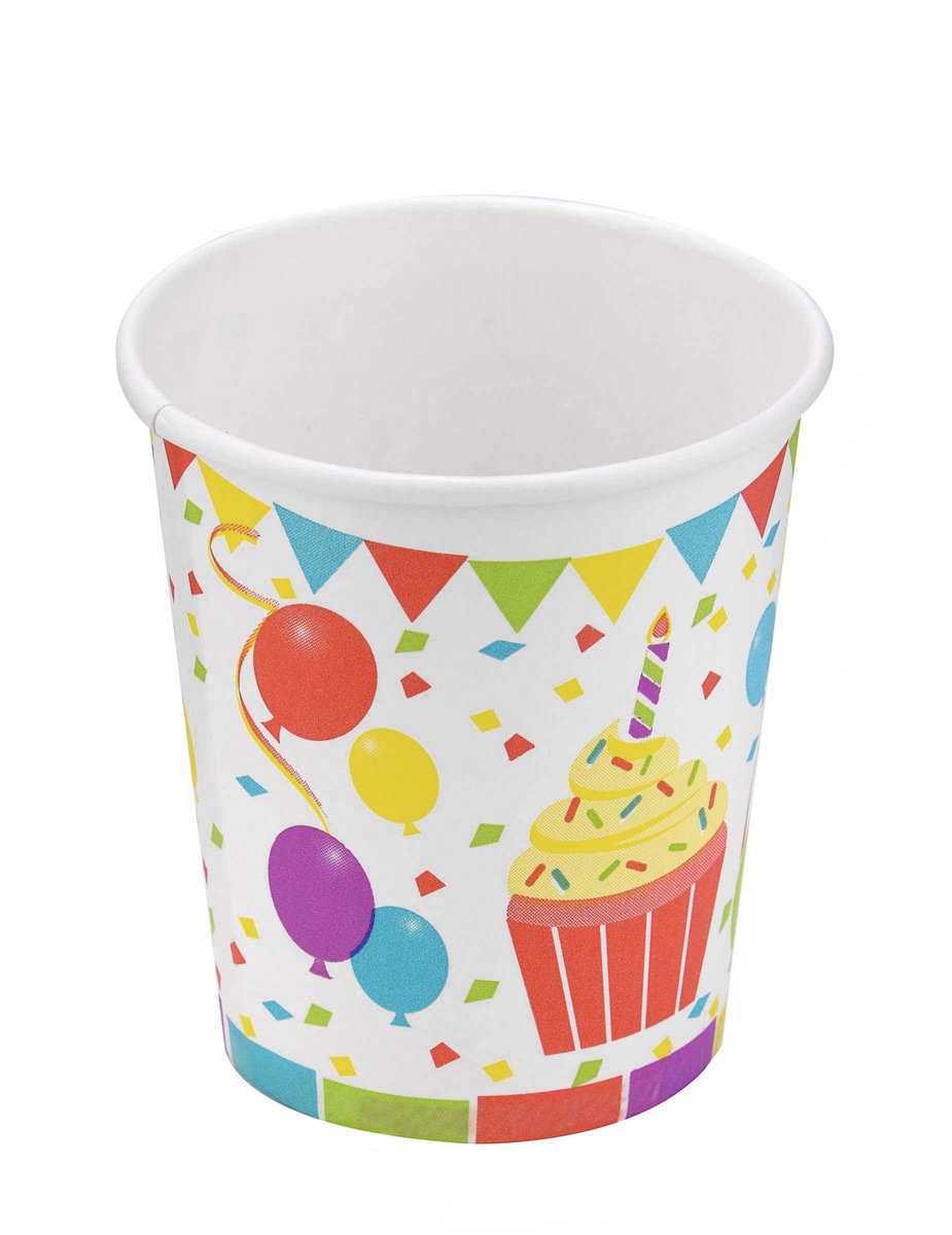 ISAP FRANCE - 6 kartonnen bekers 25cl verjaardagsballonnen en cupcakes