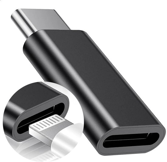 Zwarte USB-C naar Lightning adapter. Detail toont een Lightning-connector.