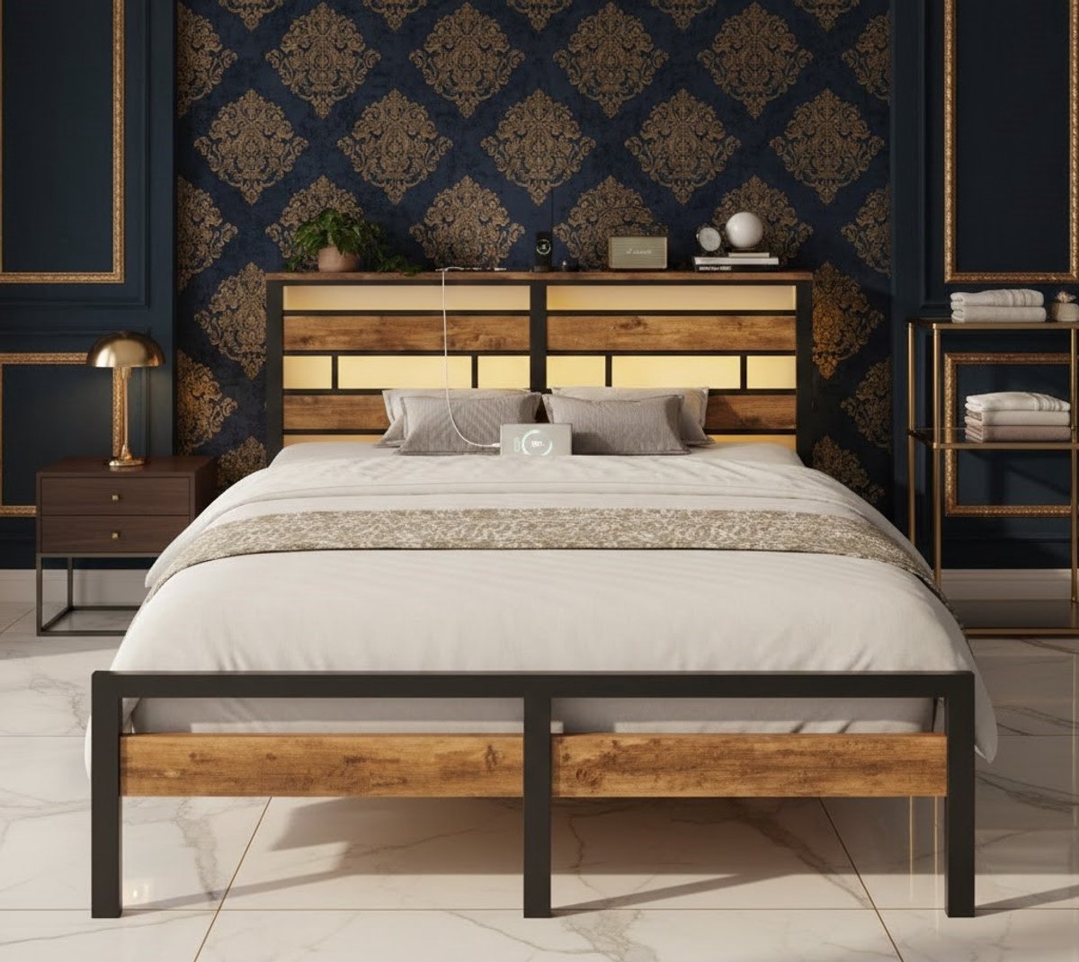 Luxe Tweepersoonsbed 140x200 cm – Metalen Bedframe met LED-verlichting, USB & Type-C Laadstation, Hoofdeinde met Opbergruimte, Moderne Industriële Stijl – Bed met Lattenbodem - House&Garden