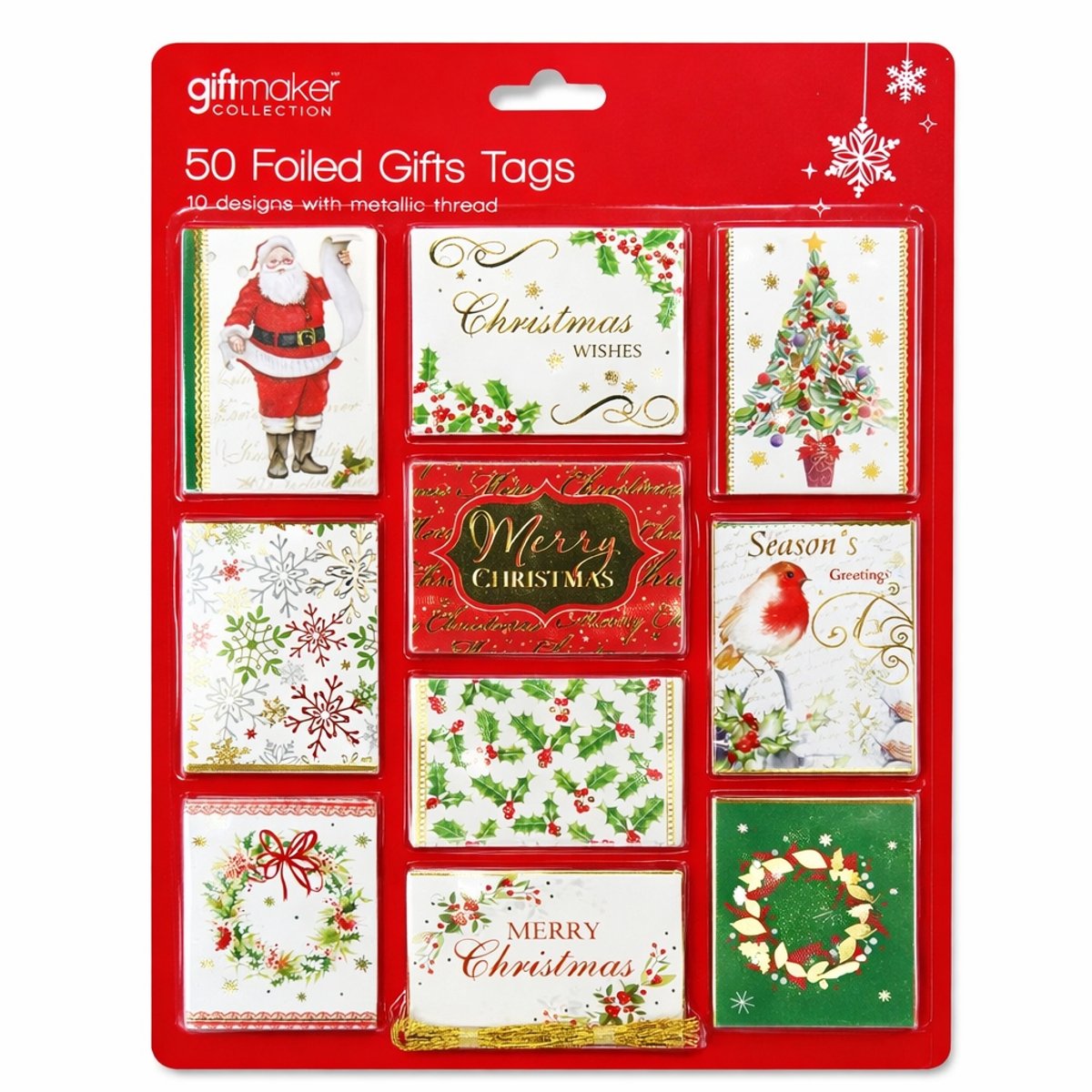 50 Luxe Kerst Cadeaulabels met Goudfolie – 10 Designs – Inclusief Goudkleurig Koord – Kerst Cadeaukaartjes / Gift Tags