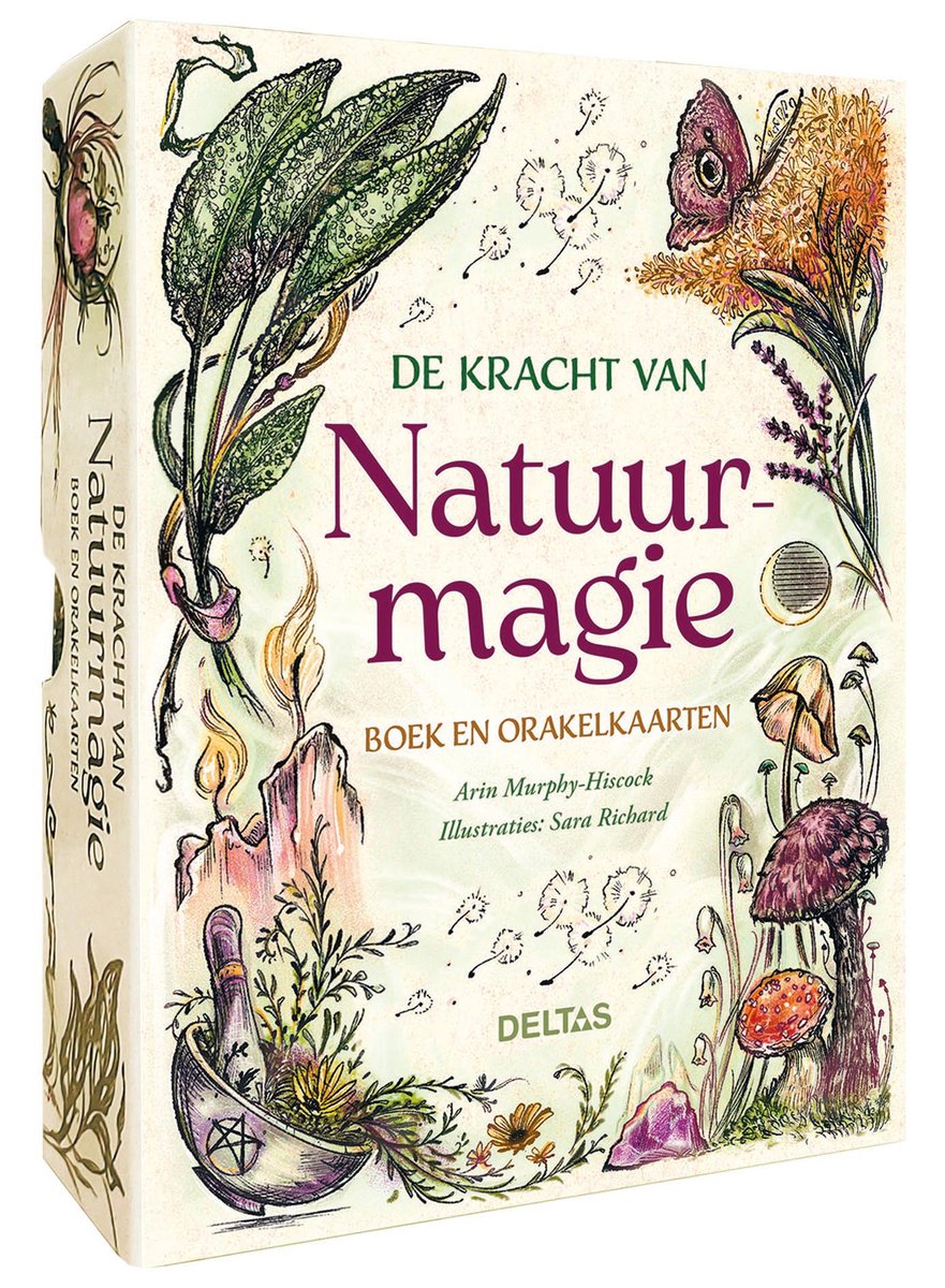 Boîte de livre 'De kracht van Natuur-magie' avec des illustrations de plantes, champignons, bougies et un papillon.