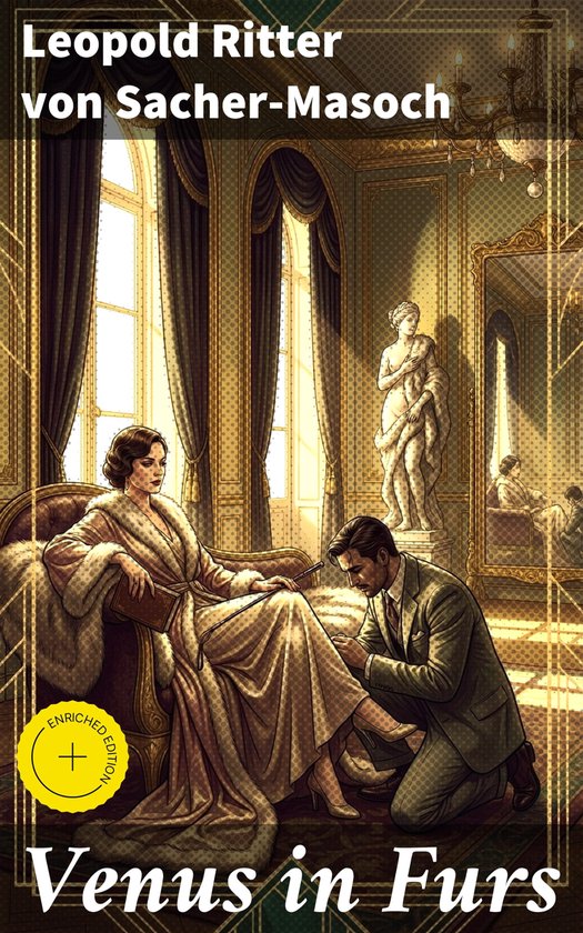 Een vrouw in een luxe kamer, zittend op een stoel met een bontjas aan, terwijl een man op zijn knieën zit en haar schoen vasthoudt. Titel: Venus in Furs.