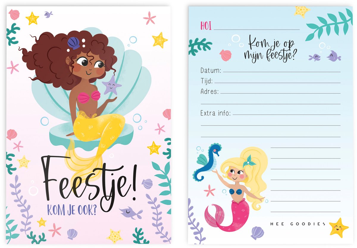 Uitnodigingen zeemeerminnen feestje set 6 stuks met envelop kinderfeestje zwemmen meisjes zwempartijtje