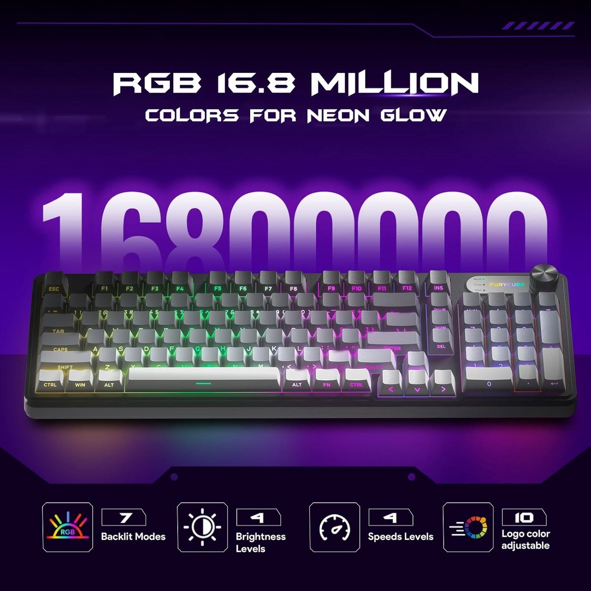 Furycube IP98 PRO - Mechanisch-Feeling Gaming Toetsenbord - 98 Toetsen - RGB Verlichting - Bedraad - 5000mAh Batterij - Grijs thumbnail 2