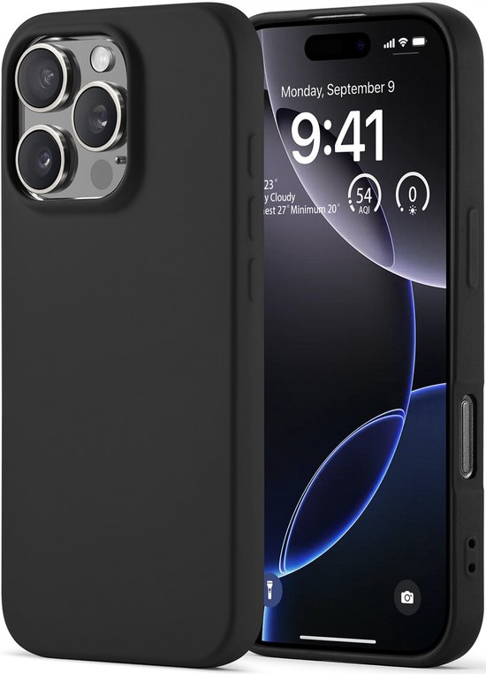 Coque arrière noire pour iPhone 16 Pro avec bords surélevés pour la protection de l'écran et de l'appareil photo.