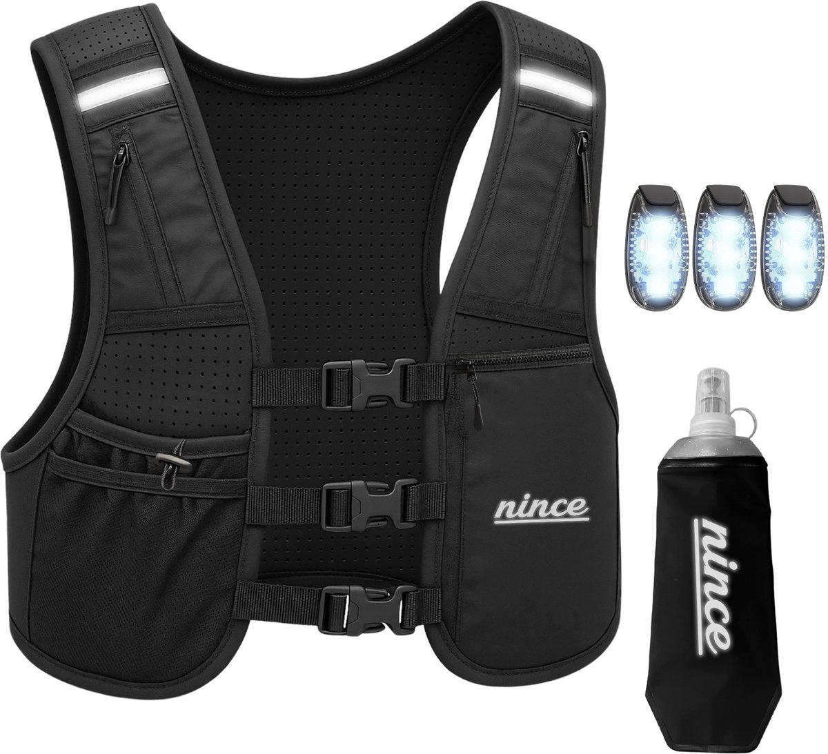 Nince Hardloopvest met Verlichting - Reflecterend Loopvest met Softflask 500ml - Waterdichte Telefoonzak - Hardloop Verlichting - One Size