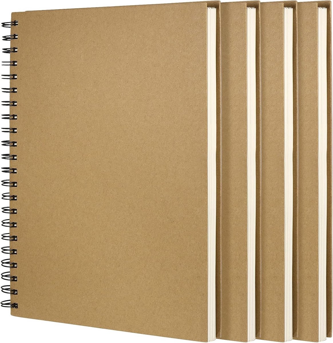 4x A4 Schetsboek Set - Stevig 160 g/m² Blanc Papier - Spiraalgebonden Tekenblok met Harde Bruine Kaft